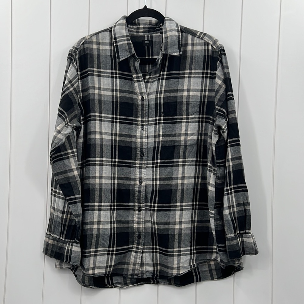 Uniqlo Plaid Flannel Shirt Black White Cream 100 % Cotton Sz XL